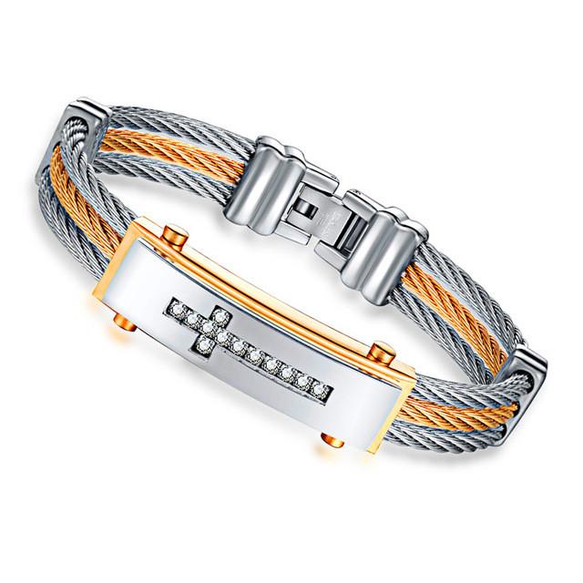 3-Tone Stainless Steel Cross Rope Bracelet for Men